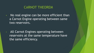 CARNOT THEOREM
• No real engine can be more efficient than
a Carnot Engine operating between same
two reservoirs.
• All Carnot Engines operating between
reservoirs at the same temperature have
the same efficiency.
 