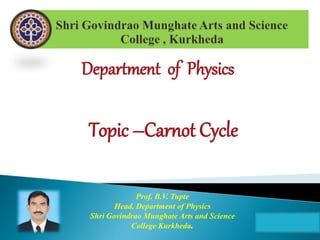 Department of Physics
Topic –Carnot Cycle
Prof. B.V. Tupte
Head, Department of Physics
Shri Govindrao Munghate Arts and Science
College Kurkheda.
 
