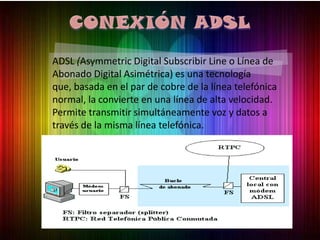 ADSL (Asymmetric Digital Subscribir Line o Línea de
Abonado Digital Asimétrica) es una tecnología
que, basada en el par de cobre de la línea telefónica
normal, la convierte en una línea de alta velocidad.
Permite transmitir simultáneamente voz y datos a
través de la misma línea telefónica.
 
