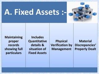 A. Fixed Assets :-
Maintaining
proper
records
showing full
particulars
Includes
Quantitative
details &
situation of
Fixed Assets
Physical
Verification by
Management
Material
Discrepancies‘
Properly Dealt
 