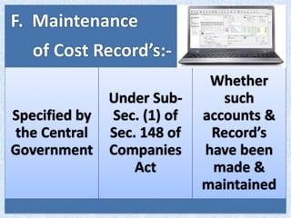 F. Maintenance
of Cost Record’s:-
Specified by
the Central
Government
Under Sub-
Sec. (1) of
Sec. 148 of
Companies
Act
Whether
such
accounts &
Record’s
have been
made &
maintained
 