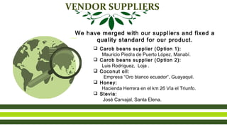 VENDOR SUPPLIERS
q Carob beans supplier (Option 1):
Mauricio Piedra de Puerto López, Manabí.
q Carob beans supplier (Option 2):
Luis Rodríguez, Loja .
q Coconut oil:
Empresa “Oro blanco ecuador”, Guayaquil.
q Honey:
Hacienda Herrera en el km 26 Vía el Triunfo.
q Stevia:
José Carvajal, Santa Elena.
We have merged with our suppliers and fixed a
quality standard for our product.
 
