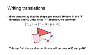 Writing translations
 If we want to say that the shape gets moved 30 Units in the "X"
  direction, and 40 Units in the "Y" direction, we can write:




 This says "all the x and y coordinates will become x+30 and y+40"
 