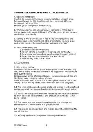 SUMMARY OF CAROL VERNALLIS – ‘The Kindest Cut’
A. Opening Paragraph
Hardest to summarise because introduces lots of ideas ...