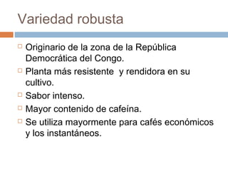 Variedad robusta
   Originario de la zona de la República
    Democrática del Congo.
   Planta más resistente y rendidora en su
    cultivo.
   Sabor intenso.
   Mayor contenido de cafeína.
   Se utiliza mayormente para cafés económicos
    y los instantáneos.
 