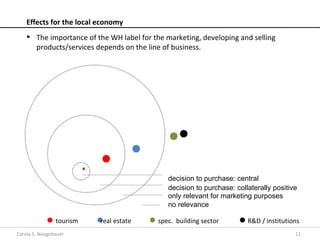 Effects for the local economy
     The importance of the WH label for the marketing, developing and selling
      products/services depends on the line of business.




                                              decision to purchase: central
                                              decision to purchase: collaterally positive
                                              only relevant for marketing purposes
                                              no relevance

                tourism   real estate      spec. building sector        R&D / institutions
Carola S. Neugebauer                                                                    11
 