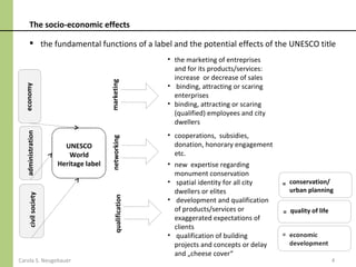 The socio-economic effects

        the fundamental functions of a label and the potential effects of the UNESCO title
                                                        • the marketing of entreprises
                                                          and for its products/services:
                                                          increase or decrease of sales




                                      marketing
                                                        • binding, attracting or scaring
  economy




                                                          enterprises
                                                        • binding, attracting or scaring
                                                          (qualified) employees and city
                                                          dwellers
  administration




                                                        • cooperations, subsidies,
                                      networking



                       UNESCO                             donation, honorary engagement
                         World                            etc.
                     Heritage label                     • new expertise regarding
                                                          monument conservation
                                                        • spatial identity for all city    = conservation/
                                                          dwellers or elites                 urban planning
     civil society




                                        qualification




                                                        • development and qualification
                                                          of products/services or          = quality of life
                                                          exaggerated expectations of
                                                          clients
                                                        • qualification of building
                                                          projects and concepts or delay
                                                          and „cheese cover“
Carola S. Neugebauer                                                                                           4
 