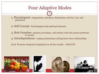 Four Adaptive Modes 1. Physiological-  oxygenation, nutrition, elimination, activity, rest, and  protection 2. Self Concept-  Psychological and spiritual elements  3. Role Function-  primary,secondary, and tertiary roles the person performs  in society 4. Interdependence-  coping mechanisms arising from close relationships Goal: Promote integrated adaptation in all four modes = HEALTH 
