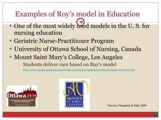 Examples of Roy’s model in Education  One of the most widely used models in the U. S. for nursing education  Geriatric Nurse-Practitioner Program  University of Ottawa School of Nursing, Canada Mount Saint Mary’s College, Los Angeles Students deliver care based on Roy’s model http://www.msmc.la.edu/undergraduate-bachelor-programs/nursing/bachelor-of-science.asp 19 *Source: Fitzpatrick & Wall, 2005 