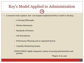 Roy’s Model Applied to Administration A research study explains  how  one hospital implemented Roy’s model to develop : A Nursing Philosophy Mission Statements Standards of Practice  Job Descriptions Performance Planning and an Appraisal System A Quality Monitoring System CONCLUSION: highly integrated  system of nursing administration and practice *Rogers et al.,1991  20 