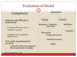 Evaluation of Model Complexity Abstract and difficult to understand Concept of  Person  as an  adaptive system  Cognator and regulator subsystems Not easily operational for  research   -stimuli create an extensive  list of potential variables Tolson & McIntosh, 1996    Adaptation Coping    Control Regulator  Cognator  Stabilizer  Innovator     Cognitive  Emotional Output processes  Central processes   Input 