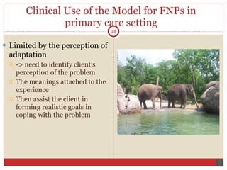 Clinical Use of the Model for FNPs in primary care setting Limited by the perception of adaptation -> need to identify client’s perception of the problem The meanings attached to the experience Then assist the client in forming realistic goals in coping with the problem 