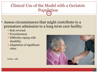 Clinical Use of the Model with a Geriatric Population Assess circumstances that might contribute to a premature admission to a long term care facility. Role reversal Powerlessness Difficulty coping with  disability Adaptation of significant  other Farkas , 1981 