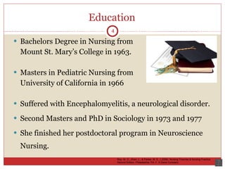 Education Bachelors Degree in Nursing from  Mount St. Mary’s College in 1963. Masters in Pediatric Nursing from University of California in 1966 Suffered with Encephalomyelitis, a neurological disorder.  Second Masters and PhD in Sociology in 1973 and 1977 She finished her postdoctoral program in Neuroscience Nursing.  4 Roy, Sr. C., Zhan, L., & Parker, M. E., ( 2006). Nursing Theories & Nursing Practice. Second Edition. Philadelphia, PA: F. A Davis Company 