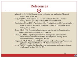 References Alligood, M. R. (2010).  Nursing theory: Utilization and application. Maryland  Heights , MO: Mosby, Inc. Cody, W. (2006).  Philosophical and Theoretical Perspectives for Advanced  Nursing Practice.  (4 th  Ed.). Sudbury, MA: Jones and Bartlett. Cunningham, D. A. (2003). Application of Roy’s adaptation model when caring for a   group of women coping with menopause.  Journal of Community Health  Nursing, 19 (1), 49-60. Dixon, E.L. (1999). Community health nursing practice and the Roy adaptation  model.  Public Health Nursing 16 (4), 290-300 Farkas, L. (1981). Adaptation problems with nursing home  application for  elderly persons: an application of the Roy adaptation nursing  model.  Journal of Advanced Nursing (6),  363-368. Fitzpatrick, J.J., & Whall A.L. (2005). Conceptual models of nursing: Analysis and application. Upper Saddle River, NJ:  Pearson Education, Inc. Lewis, T. (1988). Leaping the chasm between nursing theory and practice.  Journal  of Advanced Nursing (13),  345-351. 33 20 