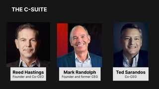 THE C-SUITE
Reed Hastings
Founder and Co-CEO
Mark Randolph
Founder and former CEO
Ted Sarandos
Co-CEO
 