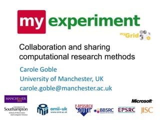 Collaboration and sharing
computational research methods
Carole Goble
University of Manchester, UK
carole.goble@manchester.ac.uk
 