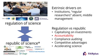 republic of science*
regulation of science
G8 Open Data Charter, 2013
Extrinsic drivers on
• Institutions, “regular
researchers” absent, middle
management
Regulation vs republic
• Capitalising on investments
• Accountability
• Compliance auditing
• Competitive advantages
• Accelerating science
 