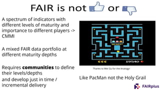 Thanks to Wei Gu for the Analogy!
Like PacMan not the Holy Grail
A spectrum of indicators with
different levels of maturity and
importance to different players ->
CMMI
A mixed FAIR data portfolio at
different maturity depths
Requires communities to define
their levels/depths
and develop just in time /
incremental delivery
 
