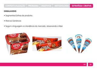 CONTEXTUALIZAÇÃO         PROBLEMA       OBJETIVOS     METODOLOGIA   ESTRATÉGIA CRIATIVA

EMBALAGENS

• Segmentos/Linhas de produtos

• Marcas Genéricas

• Seguir a linguagem e a tendência do mercado, observando a líder




                                                                                09    36
 