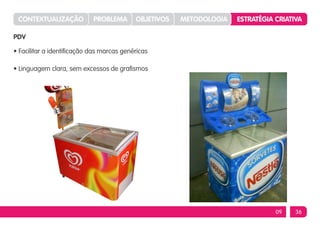 CONTEXTUALIZAÇÃO           PROBLEMA       OBJETIVOS   METODOLOGIA   ESTRATÉGIA CRIATIVA

PDV

• Facilitar a identificação das marcas genéricas

• Linguagem clara, sem excessos de grafismos




                                                                                09    36
 