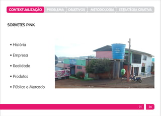 CONTEXTUALIZAÇÃO       PROBLEMA   OBJETIVOS   METODOLOGIA   ESTRATÉGIA CRIATIVA



SORVETES PINK



 • História

 • Empresa

 • Realidade

 • Produtos

 • Público e Mercado



                                                                       01    36
 