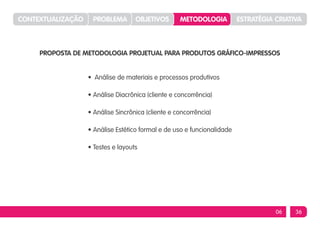 CONTEXTUALIZAÇÃO    PROBLEMA        OBJETIVOS       METODOLOGIA          ESTRATÉGIA CRIATIVA



     PROPOSTA DE METODOLOGIA PROJETUAL PARA PRODUTOS GRÁFICO-IMPRESSOS


                   • Análise de materiais e processos produtivos

                   • Análise Diacrônica (cliente e concorrência)

                   • Análise Sincrônica (cliente e concorrência)

                   • Análise Estético formal e de uso e funcionalidade

                   • Testes e layouts




                                                                                    06    36
 