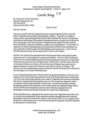 Carole King Anti-Pipeline Letter to Dominion Resources