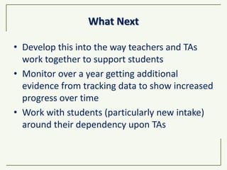 What Next
• Develop this into the way teachers and TAs
work together to support students
• Monitor over a year getting additional
evidence from tracking data to show increased
progress over time
• Work with students (particularly new intake)
around their dependency upon TAs
 