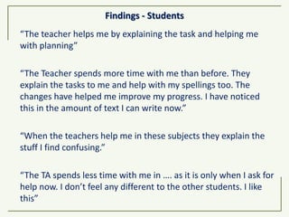 Findings - Students
“The teacher helps me by explaining the task and helping me
with planning”
“The Teacher spends more time with me than before. They
explain the tasks to me and help with my spellings too. The
changes have helped me improve my progress. I have noticed
this in the amount of text I can write now.”
“When the teachers help me in these subjects they explain the
stuff I find confusing.”
“The TA spends less time with me in …. as it is only when I ask for
help now. I don’t feel any different to the other students. I like
this”
 