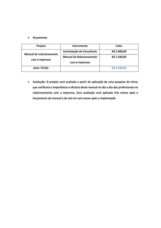 •    Orçamento:

          Projeto                      Instrumento                        Valor
                               Contratação de Consultoria              R$ 2.000,00
Manual de relacionamento
                               Manual de Relacionamento                R$ 1.500,00
      com a imprensa
                                     com a Imprensa
       Valor TOTAL:                                                    R$ 3.500,00



  •    Avaliação: O projeto será avaliado a partir da aplicação de uma pesquisa de clima,
       que verificará a importância e eficácia deste manual no dia a dia dos profissionais no
       relacionamento com a imprensa. Essa avaliação será aplicada três meses após o
       lançamento do manual e de seis em seis meses após a implantação.
 