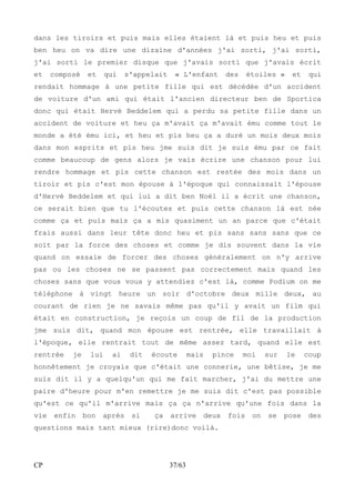 dans les tiroirs et puis mais elles étaient là et puis heu et puis 
ben heu on va dire une dizaine d'années j'ai sorti, j'ai sorti, 
j'ai sorti le premier disque que j'avais sorti que j'avais écrit 
et composé et qui s'appelait « L'enfant des étoiles » et qui 
rendait hommage à une petite fille qui est décédée d'un accident 
de voiture d'un ami qui était l'ancien directeur ben de Sportica 
donc qui était Hervé Beddelem qui a perdu sa petite fille dans un 
accident de voiture et heu ça m'avait ça m'avait ému comme tout le 
monde a été ému ici, et heu et pis heu ça a duré un mois deux mois 
dans mon esprits et pis heu jme suis dit je suis ému par ce fait 
comme beaucoup de gens alors je vais écrire une chanson pour lui 
rendre hommage et pis cette chanson est restée des mois dans un 
tiroir et pis c'est mon épouse à l'époque qui connaissait l'épouse 
d'Hervé Beddelem et qui lui a dit ben Noël il a écrit une chanson, 
ce serait bien que tu l'écoutes et puis cette chanson là est née 
comme ça et puis mais ça a mis quasiment un an parce que c'était 
frais aussi dans leur tête donc heu et pis sans sans sans que ce 
soit par la force des choses et comme je dis souvent dans la vie 
quand on essaie de forcer des choses généralement on n'y arrive 
pas ou les choses ne se passent pas correctement mais quand les 
choses sans que vous vous y attendiez c'est là, comme Podium on me 
téléphone à vingt heure un soir d'octobre deux mille deux, au 
courant de rien je ne savais même pas qu'il y avait un film qui 
était en construction, je reçois un coup de fil de la production 
jme suis dit, quand mon épouse est rentrée, elle travaillait à 
l'époque, elle rentrait tout de même assez tard, quand elle est 
rentrée je lui ai dit écoute mais pince moi sur le coup 
honnêtement je croyais que c'était une connerie, une bêtise, je me 
suis dit il y a quelqu'un qui me fait marcher, j'ai du mettre une 
paire d'heure pour m'en remettre je me suis dit c'est pas possible 
qu'est ce qu'il m'arrive mais ça ça n'arrive qu'une fois dans la 
vie enfin bon après si ça arrive deux fois on se pose des 
questions mais tant mieux (rire)donc voilà. 
CP 37/63 
 