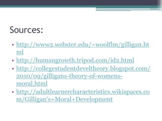 Sources:
• http://www2.webster.edu/~woolflm/gilligan.ht
ml
• http://humangrowth.tripod.com/id2.html
• http://collegestudentdeveltheory.blogspot.com/
2010/09/gilligans-theory-of-womensmoral.html
• http://adultlearnercharacteristics.wikispaces.co
m/Gilligan's+Moral+Development

 