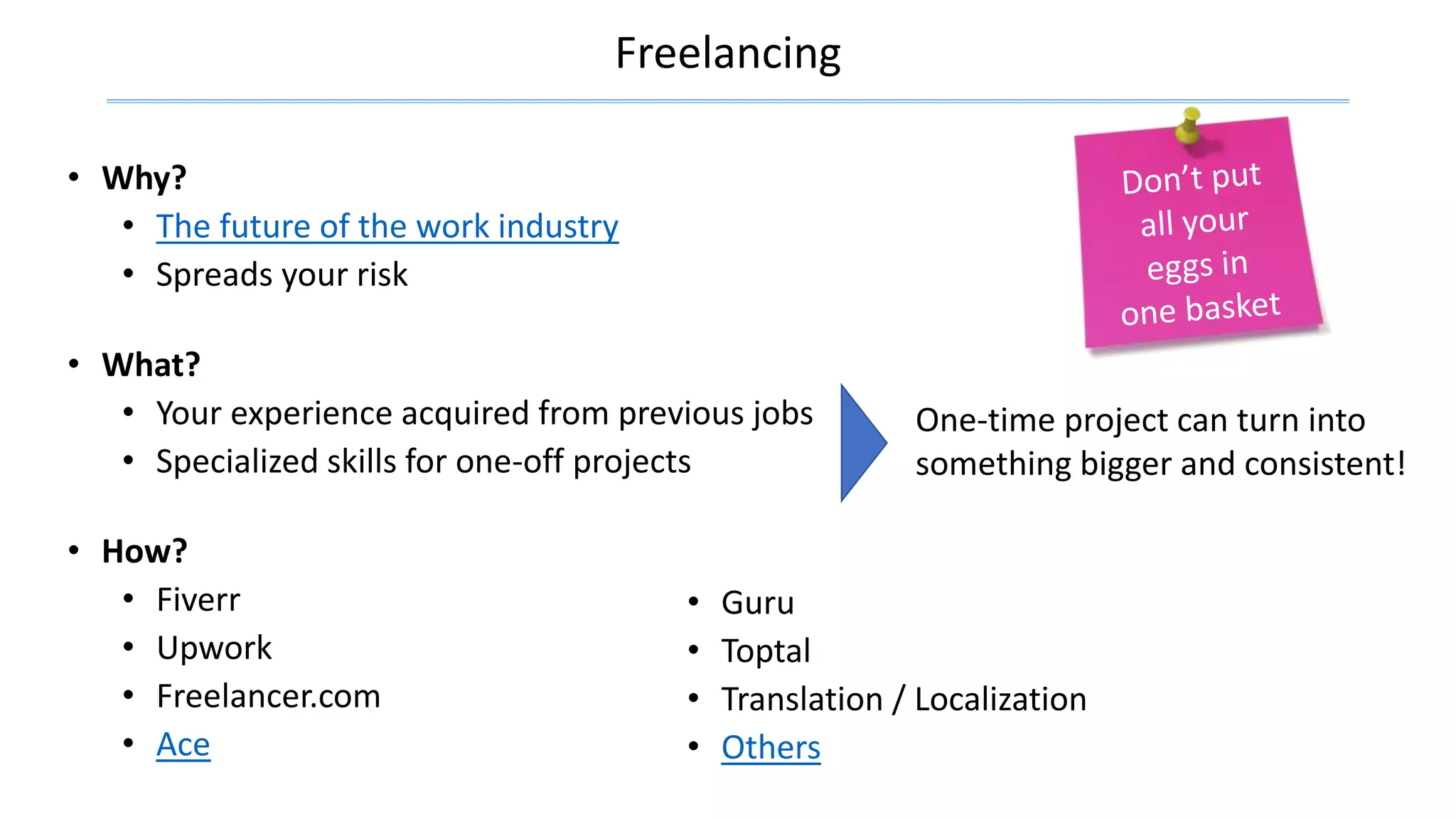 Freelancing
• Why?
• The future of the work industry
• Spreads your risk
One-time project can turn into
something bigger and consistent!
• What?
• Your experience acquired from previous jobs
• Specialized skills for one-off projects
• Guru
• Toptal
• Translation / Localization
• Others
• How?
• Fiverr
• Upwork
• Freelancer.com
• Ace
 