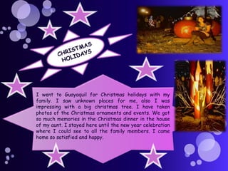 I went to Guayaquil for Christmas holidays with my
family. I saw unknown places for me, also I was
impressing with a big christmas tree. I have taken
photos of the Christmas ornaments and events. We got
so much memories in the Christmas dinner in the house
of my aunt. I stayed here until the new year celebration
where I could see to all the family members. I came
home so satisfied and happy.

 