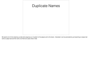 Duplicate Names
We spend a lot of time cleaning up data sets assigning our id system to the players and to the teams. Generally it can be automated by just searching on player last
name or player last and ﬁrst name, but there are cases where it fails
 