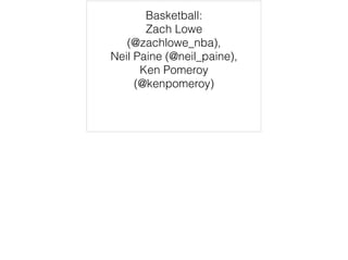 Basketball:
Zach Lowe
(@zachlowe_nba),
Neil Paine (@neil_paine),
Ken Pomeroy
(@kenpomeroy)
 