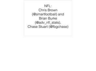NFL:
Chris Brown
(@smartfootball) and
Brian Burke
(@adv_nﬂ_stats),
Chase Stuart (@fbgchase)
 