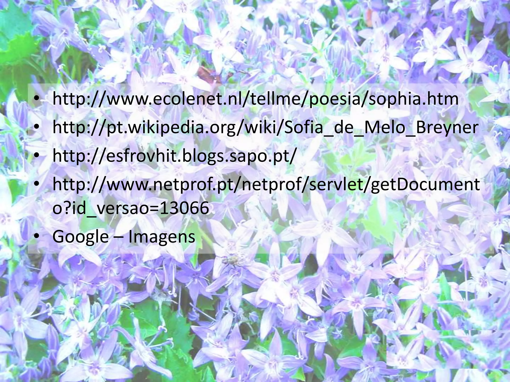 • http://www.ecolenet.nl/tellme/poesia/sophia.htm
• http://pt.wikipedia.org/wiki/Sofia_de_Melo_Breyner
• http://esfrovhit.blogs.sapo.pt/
• http://www.netprof.pt/netprof/servlet/getDocument
o?id_versao=13066
• Google – Imagens