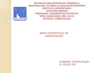 REPÚBLICA BOLIVARIANA DE VENEZUELA
MINISTERIO DEL P.P PARA LA EDUCACIÓN SUPERIOR
INSTITUTO UNIVERSITARIO
“SANTIAGO MARINO”
PROGRAMA: INGENIERÍA EN PETRÓLEO
SEDE: MARACAIBO, EDO- ZULIA
CÁTEDRA: CEMENTACION
MAPA CONCEPTUAL DE
CEMENTACION
Integrante: Carolina Angulo
CI: 25.453.102
 