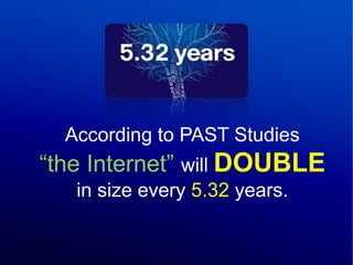 According to PAST Studies
“the Internet” will DOUBLE
   in size every 5.32 years.
 