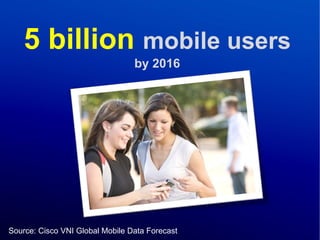 5 billion mobile users
                                 by 2016




Source: Cisco VNI Global Mobile Data Forecast
 