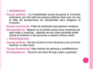  DESEMPLEO
Causas políticas : La inestabilidad social ahuyenta la inversión
  extranjera, por otro lado las causas políticas tiene que ver con
  la falta de perspectivas de tranquilidad para asegurar la
  inversión.
Causas económicas: Falta de empresas que generen empleos
Mi propuesta es : Mejorar en el ámbito social crear empresas de
  bajo costo y practicas , además de eso crear escuelas gratis
  donde le enseñen a las personas a realizar oficios varios.
 PRIVATIZACION
Causas políticas : No hay control en las industrias y los servicios
  tendrían un alto costo.
Causas Económicas: Mas indicios de pobreza y analfabetismo
Mi propuesta es : Generar servicios de bajo costo o gratuitos.
 