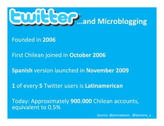…andMicroblogging

Foundedin2006

FirstChileanjoinedinOctober2006

SpanishversionlaunchedinNovember2009

1 ofevery5 TwitterusersisLatinamerican

Today:Approximately900.000Chileanaccounts,
equivalentto0.5%
                                Source:@jennadawn,@kemeny_x
 