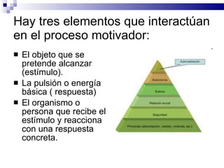 Hay tres elementos que interactúan en el proceso motivador: El objeto que se pretende alcanzar (estímulo). La pulsión o energía básica ( respuesta) El organismo o persona que recibe el estímulo y reacciona con una respuesta concreta. 