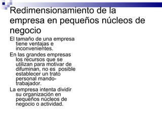 Redimensionamiento de la empresa en pequeños núcleos de negocio El tamaño de una empresa tiene ventajas e inconvenientes. En las grandes empresas los recursos que se utilizan para motivar de difuminan, no es  posible establecer un trato personal mando-trabajador. La empresa intenta dividir su organización en pequeños núcleos de negocio o actividad. 