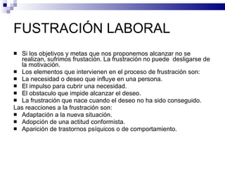 FUSTRACIÓN LABORAL Si los objetivos y metas que nos proponemos alcanzar no se realizan, sufrimos frustación. La frustración no puede  desligarse de la motivación. Los elementos que intervienen en el proceso de frustración son: La necesidad o deseo que influye en una persona. El impulso para cubrir una necesidad. El obstaculo que impide alcanzar el deseo. La frustración que nace cuando el deseo no ha sido conseguido. Las reacciones a la frustración son: Adaptación a la nueva situación. Adopción de una actitud conformista. Aparición de trastornos psíquicos o de comportamiento. 