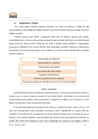 3.3              Segmentos e Target
         Nas várias gamas Swatch podemos encontrar um misto de culturas e estilos de vida
representadas na diversidade dos relógios Swatch e que fazem milhões de pessoas andar com estes
relógios no pulso.
         Existem pessoas que fazem a aquisição deste tipo de objectos apenas pela simples
necessidade de ver as horas, outras porque gostam de estar na moda e pertencer a um determinado
grupo social que ofereça status. Tendo isto em conta, o quadro abaixo identifica a segmentação
grupo que se identifica com a marca Swatch, onde, desde logo, se poderá evidenciar a importância
da relojoaria, tal como da moda, design e das tendências, já, anteriormente identificadas no Quadro
AIO (Ver tabela 2).

                                                   Especialistas em relojoaria
                                                   Apaixonados por relojoaria
               Target Segments




                                                   Coleccionadores de relógios

                                                  Especialistas de moda e design
                                                    Seguidores de tendências
                                              Pessoas que gostam de bons negócios
                                 Pessoas que gostam de controlar as horas e ter um visual cuidado


                                                       Tabela 3 - Segmentação

       O perfil do target da Swatch poderá ser identificado como - Jovens que precisam de controlar o
tempo e que, ao mesmo tempo, procuram ter um visual fashion. Este grupo vai ao encontro da
caracterização deste produto como pertencente à categoria de relógio, mas é spossível ir mais
longe e caracterizá-lo como um assessório de moda.

       O seu principal target mais do que jovens refere-se a mulheres jovens, entre os 24 e os 35
anos que desempenham uma actividade económica, como é identificado no quadro AIO por
“Trabalho”. As mulheres não só adquirem um maior número de bens para si mesmas do que os
homens, como também lideram o mercado global das compras, outro dos aspectos já descritos no
quadro AIO. Estão mais dispostas a estar mais actualizadas nos aspectos mais ligados à moda e

Swatch – ‘Desafia o tempo!’                                                                         16
 