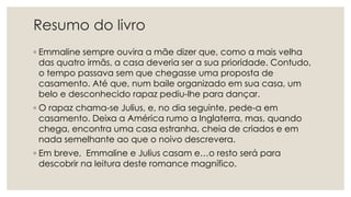 Resumo do livro
◦ Emmaline sempre ouvira a mãe dizer que, como a mais velha
das quatro irmãs, a casa deveria ser a sua prioridade. Contudo,
o tempo passava sem que chegasse uma proposta de
casamento. Até que, num baile organizado em sua casa, um
belo e desconhecido rapaz pediu-lhe para dançar.
◦ O rapaz chama-se Julius, e, no dia seguinte, pede-a em
casamento. Deixa a América rumo a Inglaterra, mas, quando
chega, encontra uma casa estranha, cheia de criados e em
nada semelhante ao que o noivo descrevera.
◦ Em breve, Emmaline e Julius casam e…o resto será para
descobrir na leitura deste romance magnífico.
 