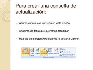 De eliminación.En este artículo se explica cómo eliminar datos de una base de datos.Mediante consultas de actualización y de eliminación.Se usan para eliminar campos individuales de los registros de una base de datos.Consultas de eliminación se usan para quitar registros completos de una base de datos.Inclusive el valor de clave que le otorga al registro un carácter único.